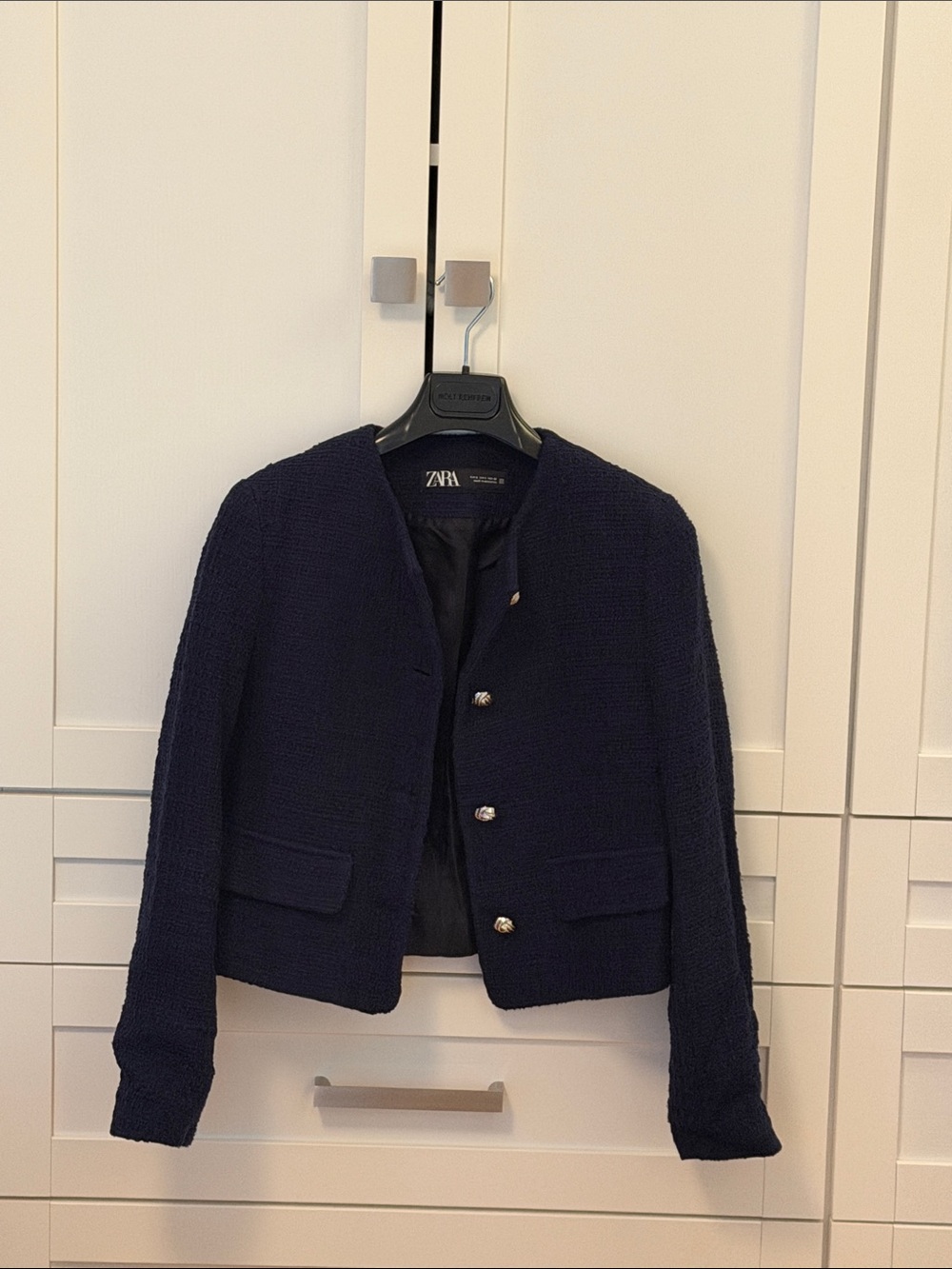 ZARA Navy Textured Boxy Blazer with Decorative Buttons